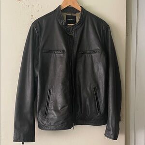 Lucky Brand Black Leather Bomber Jacket with Zip Pockets